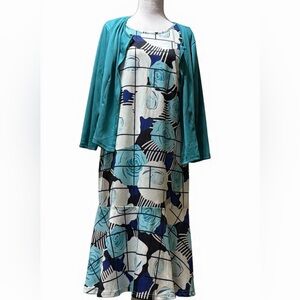 Green Cardigan with Blue and White Floral Print Dress